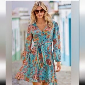 Boston Proper Beach Paisley Embellished Printed Wrap Dress  EUC, sz Medium